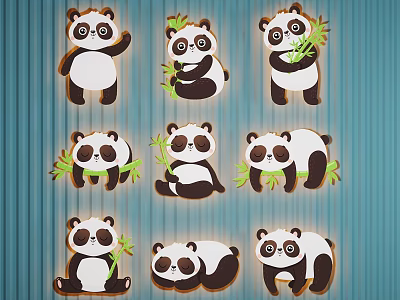 Cute Panda Themed Wall Decor with Various Poses Bamboo and Blue Striped Background 3d model