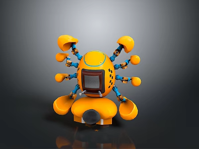 Yellow Robotic Game And Movie Character With Multiple Orange Mechanical Arms Central Screen And Base 3d model