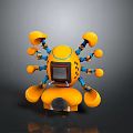 Yellow Robotic Game And Movie Character With Multiple Orange Mechanical Arms Central Screen And Base