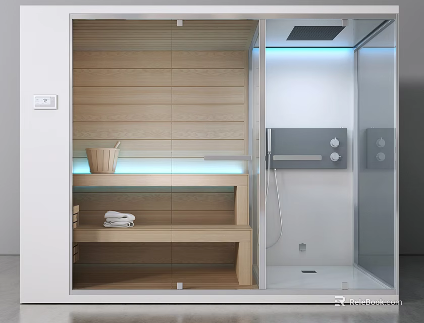 Modern Shower Sauna Interior Design With Wooden Panels Shelves And Control Panel 3d model 