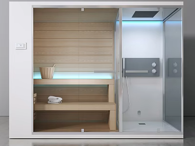 Modern Shower Sauna Interior Design With Wooden Panels Shelves And Control Panel 3d model