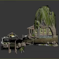 Miniature Cabin Scene With Willow Trees Small Pond Car And Wooden Path