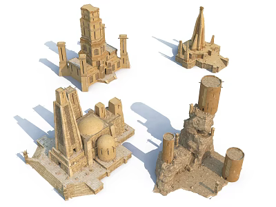 Ancient Urban Architectural Complex Featuring Sandstone Towers Domes and Columns 3d model
