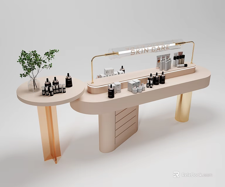 Modern Skin Bar Display Shelf with Skincare Products Gold Accents and Small Plant Decoration 3d model 