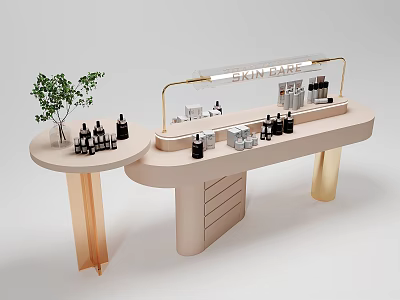 Modern Skin Bar Display Shelf with Skincare Products Gold Accents and Small Plant Decoration 3d model