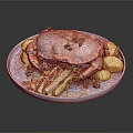 Steamed Crab Served On White Plate With Potatoes Asparagus And Fresh Herbs