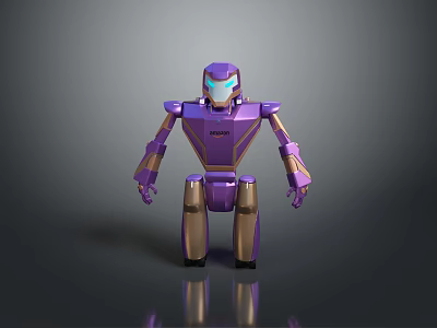 Purple Gold Robot Game Character With Glowing Blue Eyes Metallic Texture Design 3d model