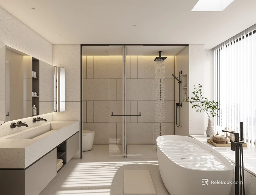 Modern Bathroom Interior With White Freestanding Bathtub Glass Shower Enclosure Double Vanity And Potted Plant 3d model 