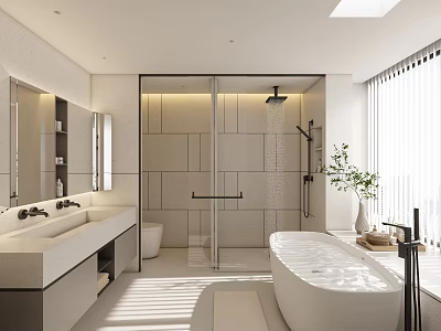 Modern Bathroom Interior With White Freestanding Bathtub Glass Shower Enclosure Double Vanity And Potted Plant 3d model