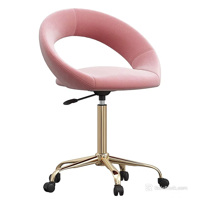 Pink Velvet Single Chair With Curved Backrest Golden Metal Base Wheels And Adjustable Lever 3d model 