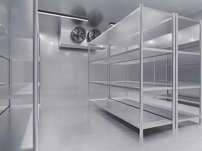 Stainless Steel Commercial Storage Space With Metal Shelves And Fans 3d model