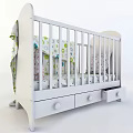 White Baby Crib With Floral Patterned Blanket Railings And Drawer Design
