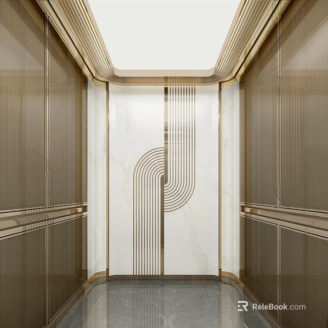 Modern Elevator Interior Design With Golden Accents And Marble Wall Patterns 3d model
