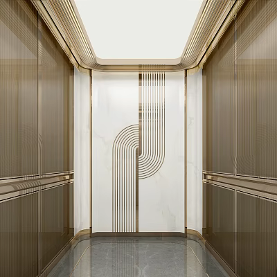 Modern Elevator Interior Design With Golden Accents And Marble Wall Patterns 3d model