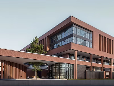 Modern School Building With Red Brick Structure Large Glass Windows And Tree In Front 3d model