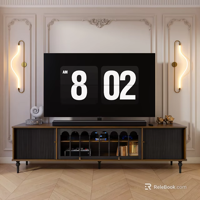 Modern Wooden TV Stand With Large Screen TV Storage Shelves And Wall Lamps 3d model 