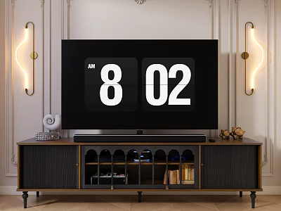 Modern Wooden TV Stand With Large Screen TV Storage Shelves And Wall Lamps 3d model
