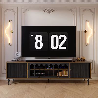 Modern Wooden TV Stand With Large Screen TV Storage Shelves And Wall Lamps 3d model