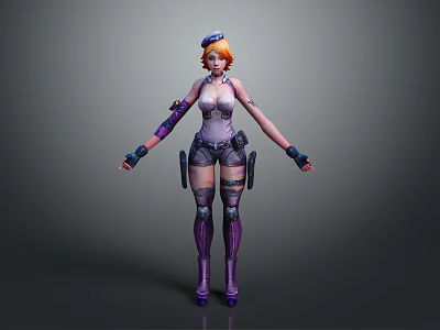 Futuristic Female Character With Orange Hair Blue Cap Purple Armor And Black Outfit 3d model