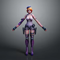 Futuristic Female Character With Orange Hair Blue Cap Purple Armor And Black Outfit