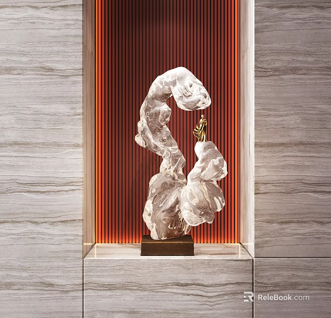 White Curved Sculpture With Black Base Red Striped Background And Light Wood Walls 3d model 