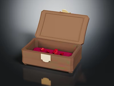 Decorative Ornament Set In Open Brown Box With Red Lining And Gold Clasp 3d model