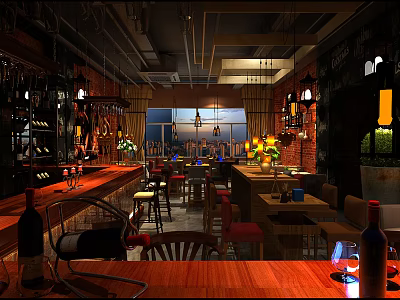 Rustic Bar Interior With Wooden Counter Wine Racks And Vintage Lighting Fixtures 3d model