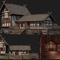 Traditional Wooden Ancient Architecture With Sloped Roof And Lattice Windows 3d model
