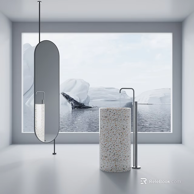 Modern Bathroom With Terrazzo Washbasin Oval Mirror Sleek Faucet And Whale Iceberg View 3d model 
