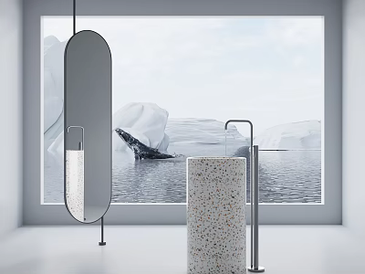 Modern Bathroom With Terrazzo Washbasin Oval Mirror Sleek Faucet And Whale Iceberg View 3d model