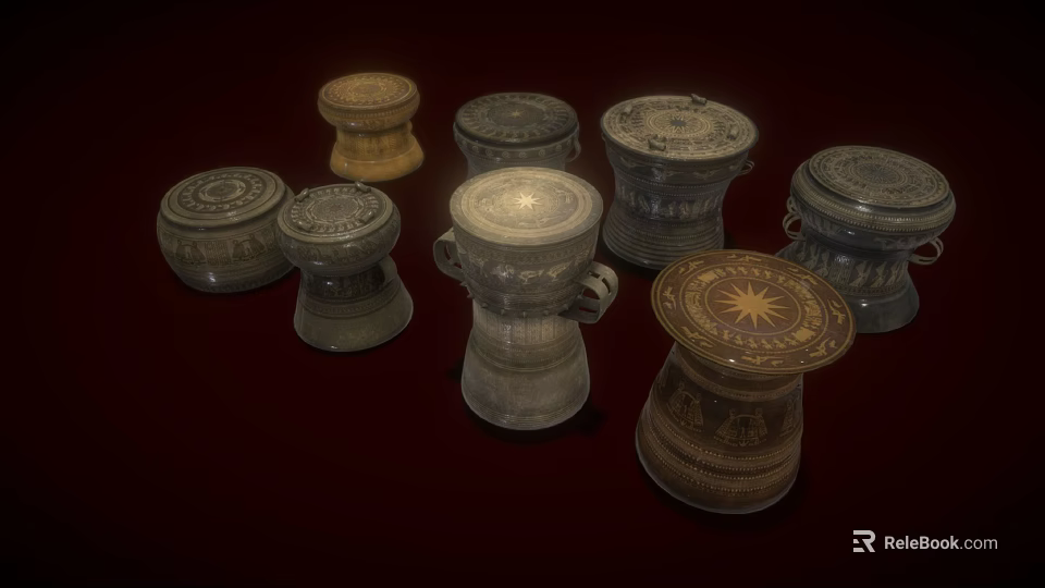 Traditional Musical Drums With Artistic Paintings Carved Patterns And Various Sizes In Brown Gray Tones 3d model 