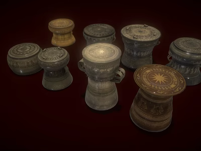 Traditional Musical Drums With Artistic Paintings Carved Patterns And Various Sizes In Brown Gray Tones 3d model