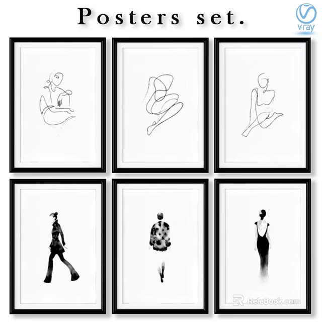 Six Black White Framed Minimalist Artworks With Abstract Figure Line Drawings 3d model 