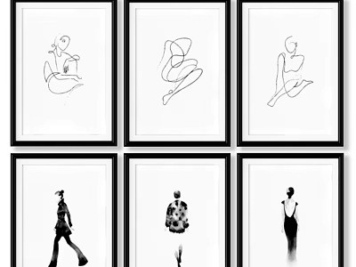 Six Black White Framed Minimalist Artworks With Abstract Figure Line Drawings 3d model