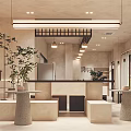 Warm Dessert Shop Interior With Sunset Logo Tables Stools Plants Hanging Lights And Neutral Walls