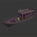 Wooden Boat With Small House Structure And White Bucket On Deck