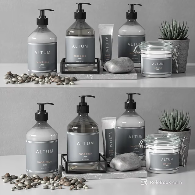 Modern Bathroom Accessories Set With Soap Dispensers Storage Jars Pebbles And Succulent Plant 3d model 