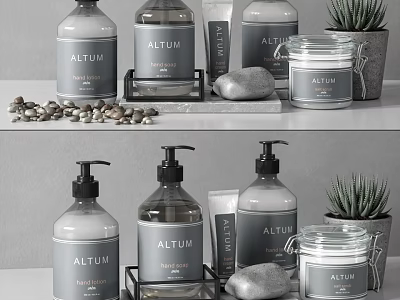 Modern Bathroom Accessories Set With Soap Dispensers Storage Jars Pebbles And Succulent Plant 3d model