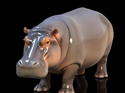 Realistic Hippopotamus 3D Model Standing On Black Background With Shiny Skin 3d model