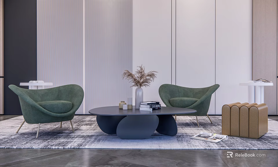 Leisure Sofa Set Featuring Green Armchairs Black Coffee Table Vase Books Rug And Modern Backdrop 3d model 