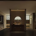 Traditional Tea Room Interior With Bamboo Pattern Round Decorative Plates Pendant Lights And Long Wooden Table