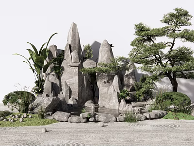 Natural Garden Ornament With Rockery Pine Tree Green Plants And Stone Paving 3d model