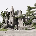 Natural Garden Ornament With Rockery Pine Tree Green Plants And Stone Paving