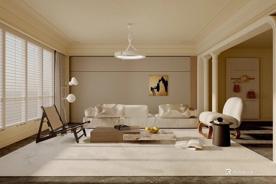 Modern Living Room Interior Design With White Sofa Coffee Table Pendant Light And Blinds 3d model 