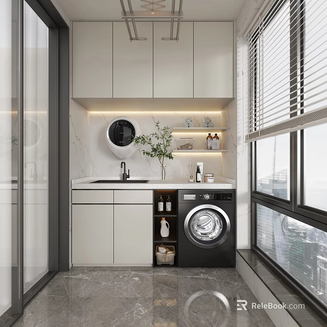 Modern Bathroom Cabinetry With Marble Countertop Sink Built-in Washing Machine And Niche Storage 3d model 