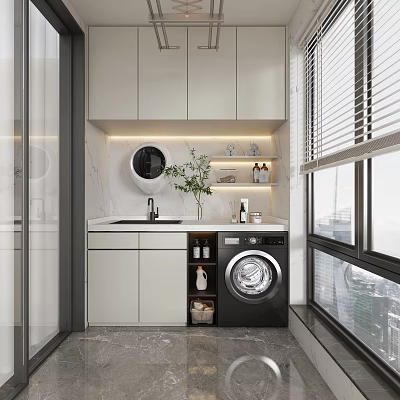 Modern Bathroom Cabinetry With Marble Countertop Sink Built-in Washing Machine And Niche Storage 3d model