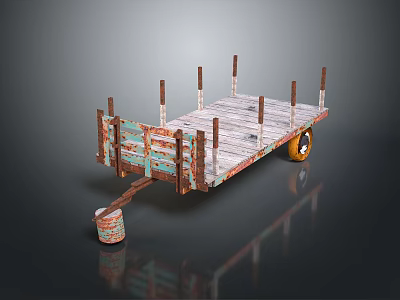 Rusty Wooden Flatbed Trailer With Yellow Wheels And Metal Hitch 3d model
