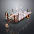 Rusty Wooden Flatbed Trailer With Yellow Wheels And Metal Hitch