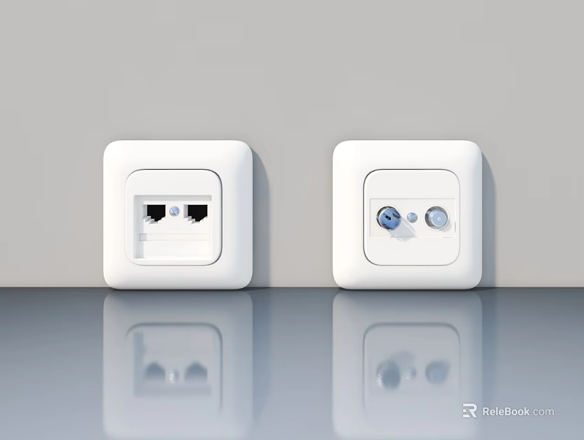 White Square Electrical Sockets on Gray Wall with Network Interface and Control Buttons 3d model 