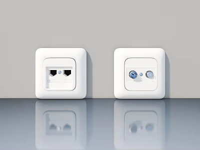 White Square Electrical Sockets on Gray Wall with Network Interface and Control Buttons 3d model